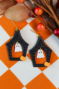 Halloween-themed haunted house earrings with ghost designs on a checkered background