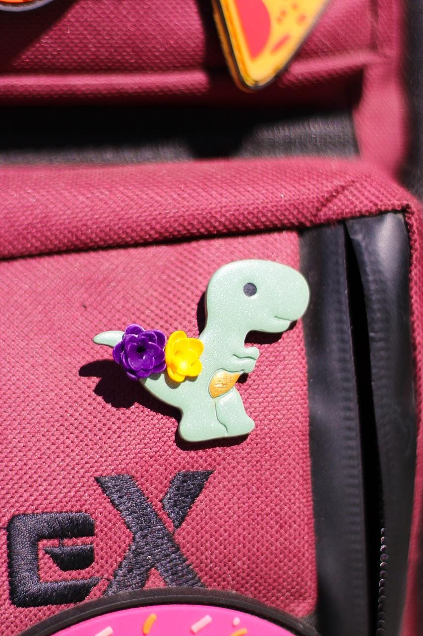 Small dinosaur pin with flowers on a red bag