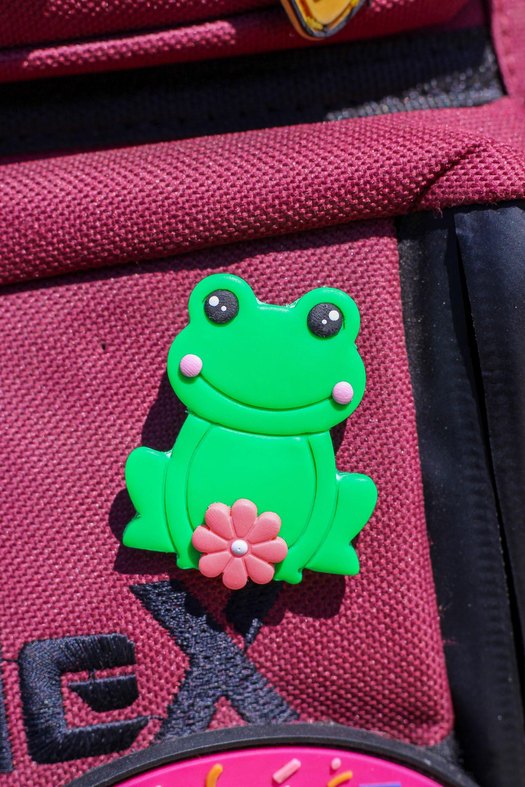 Green frog-shaped pin on a red bag