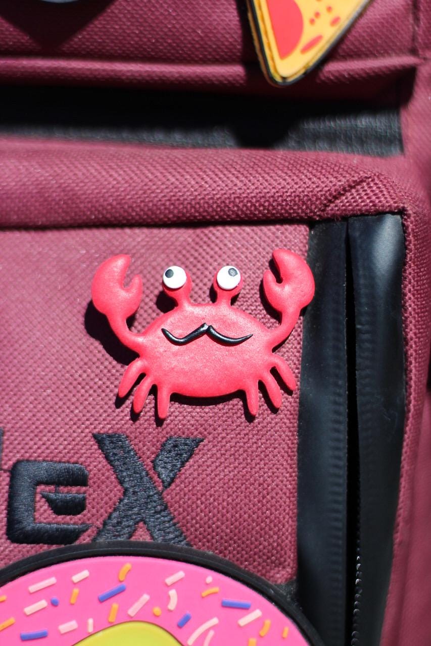 Close-up of a maroon bag with a red crab pin on bag