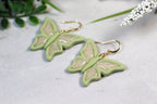 Butterfly-shaped earrings on a light surface with greenery in the background